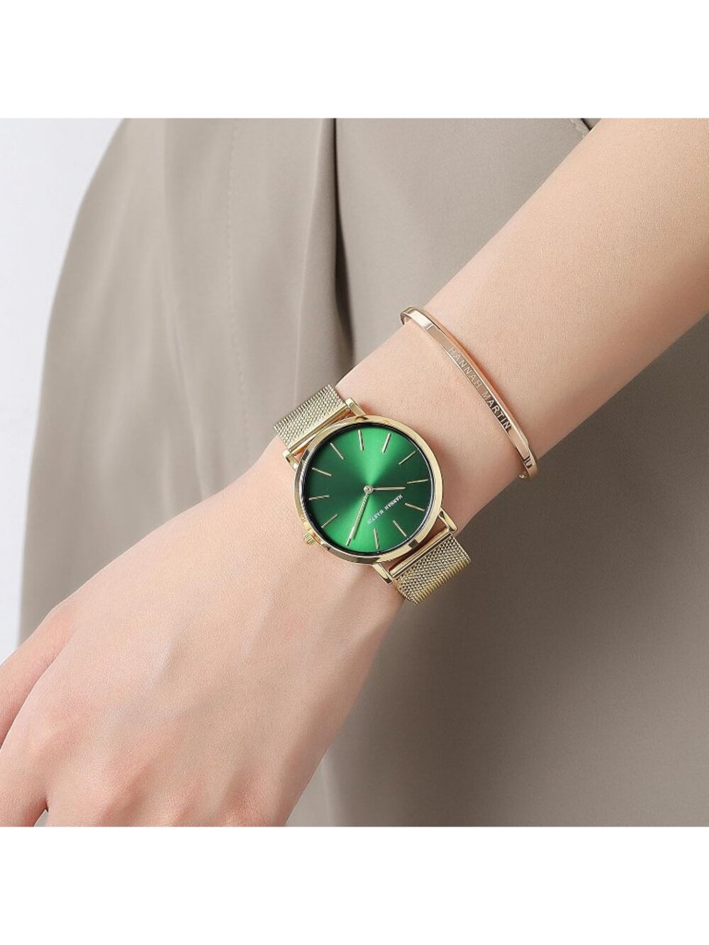 Women's Gold Green Analog Stainless Steel Mesh Strap Minimalist Slim Dial Watch - Picture 4 of 6
